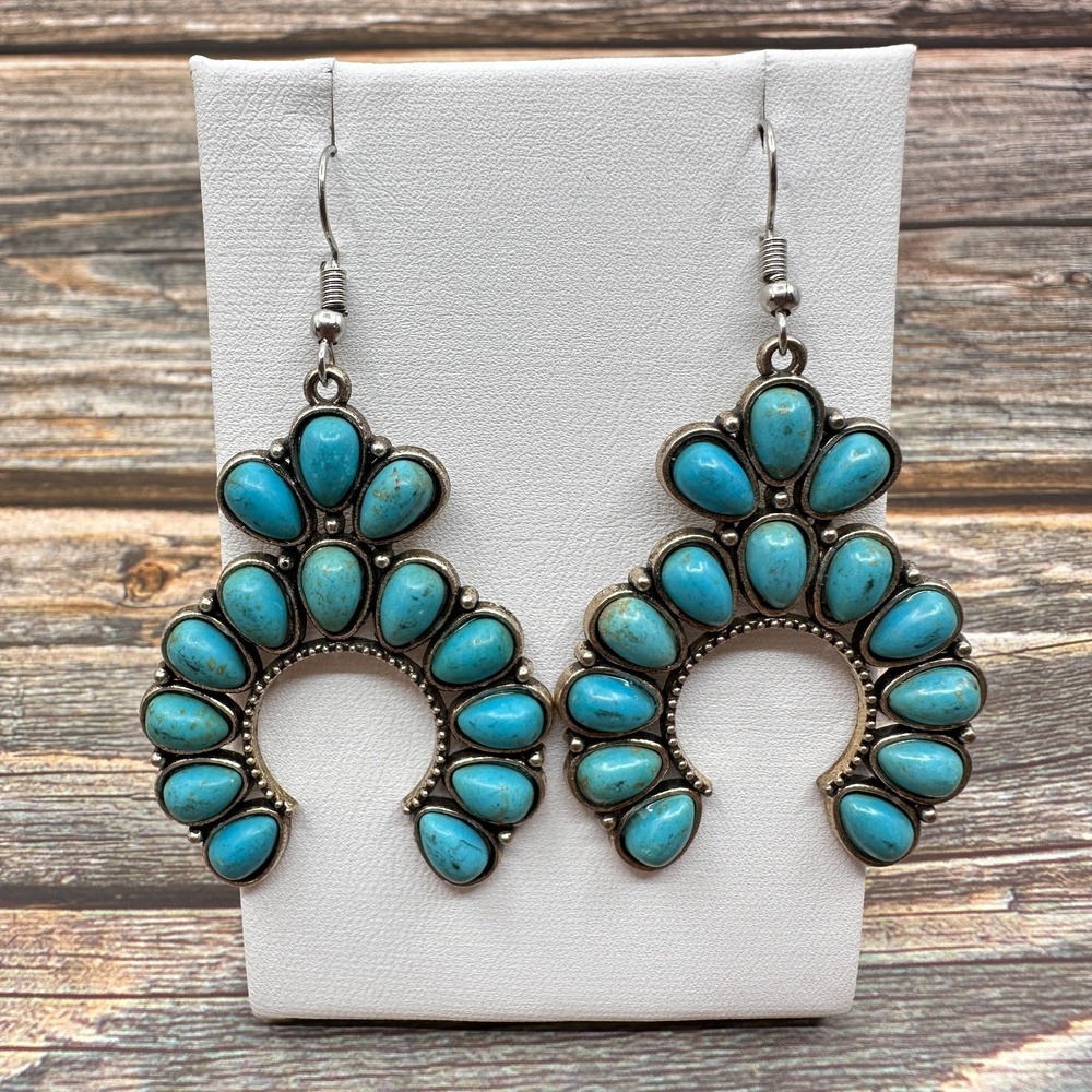 Turquoise Tone Cluster Squash Blossom Drop Earrings Silver Tone Boho Statement